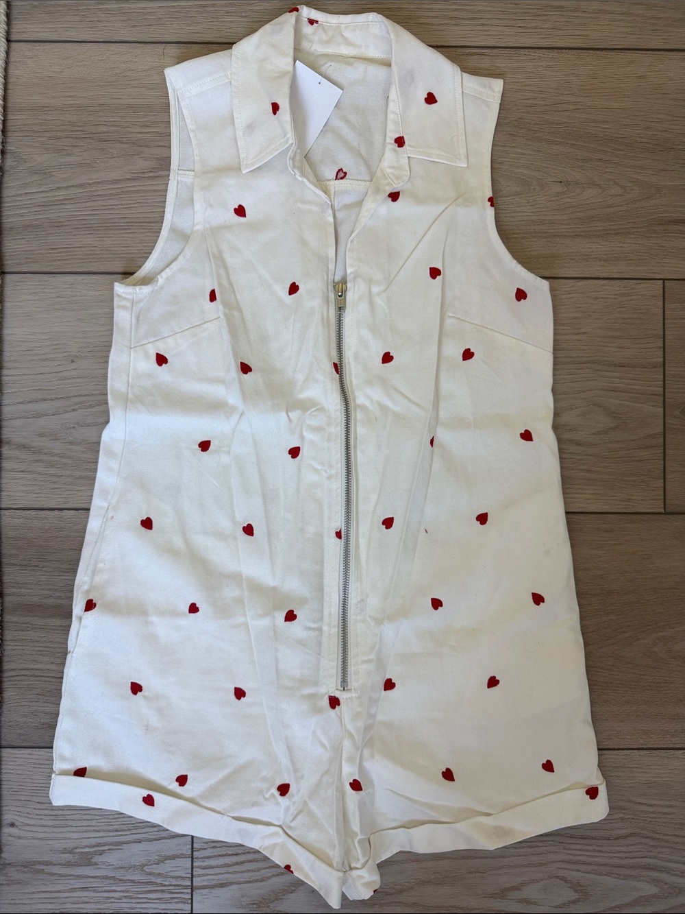 Sleeveless Cream Romper with Red Heart Embroidery
